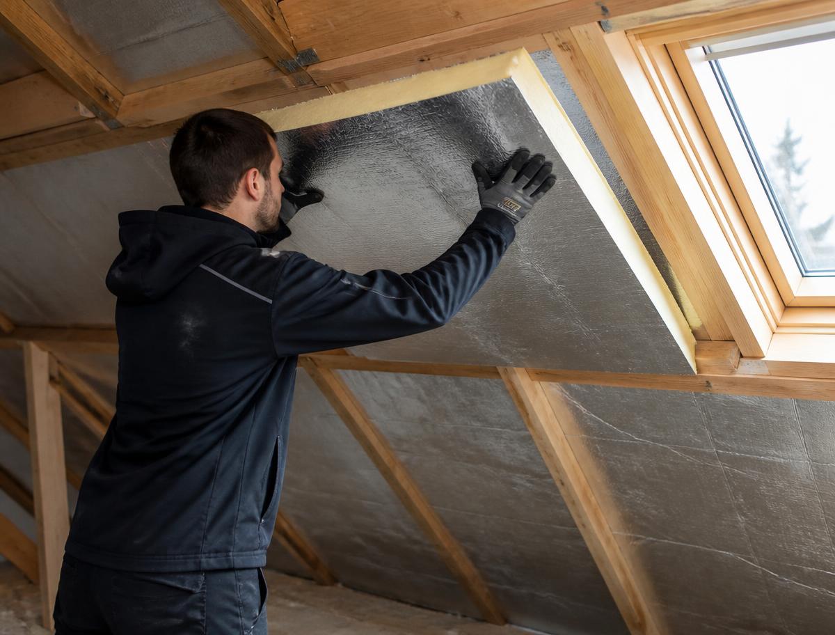 Vakman brengt isolatieplaten aan tegen het schuine dak van een Nederlandse woning